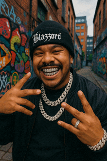 a man wearing a black beanie that says blazzarod