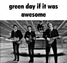 a black and white photo of the beatles singing and playing guitars