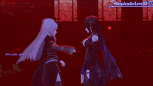 two anime girls are standing next to each other with a sign that says requiemforlove3d on it