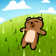 a cartoon bear is laying on a grassy hill with his eyes closed