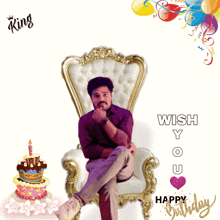 a man is sitting in a chair with the words manu wish y ou happy birthday on the bottom