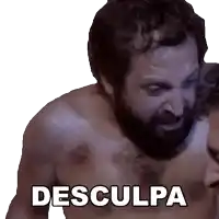 a shirtless man with a beard and the word desculpa on his chest