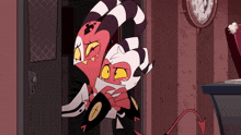 a cartoon character is standing in front of a door with a clock on the wall