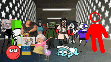 a group of cartoon characters are standing in a hallway with a red circle in the middle of the room