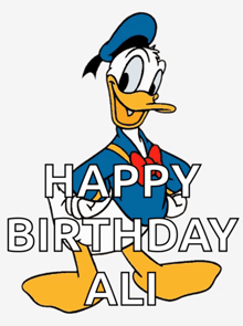 donald duck with the words happy birthday ali written below him