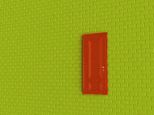a red door is open to a green wall with a yellow eye