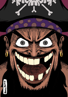 a cartoon drawing of a pirate with a skull and crossbones flag on his hat