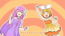 a cartoon of two girls dancing with the words party party time written below them