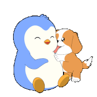 a blue penguin is hugging a brown and white puppy