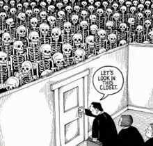 a black and white cartoon of a man opening a door in front of a wall covered in skulls .
