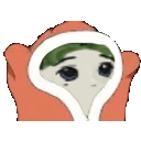 a cartoon character with green hair is wrapped in a red blanket and looking at the camera .
