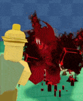 a cartoon character is standing in front of a large red monster in a video game