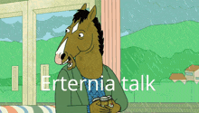 a cartoon of a horse holding a bottle of pills with the words " eternity talk " below it