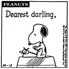 a black and white cartoon of snoopy talking on a phone with the words dearest darling