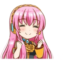 a cartoon girl with pink hair and headphones is smiling and holding her hands up .