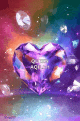 a purple heart shaped diamond with the words queen ailah written on it