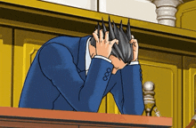 a cartoon of a man in a suit covering his face with his hands