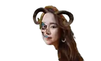 a woman with horns on her head has half of her face painted as a skull