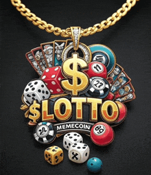 a gold pendant with a dollar sign dice and pool balls says memecoin lotto