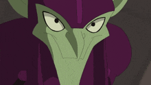 a cartoon character with a purple helmet and green face