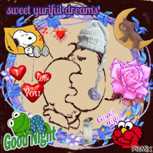 a picture of snoopy kissing the moon with the words sweet yuiful dreams
