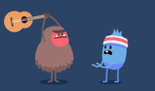 a cartoon character playing a guitar next to a blue character