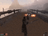 a video game screen shows a man holding a sword in a foggy area