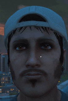 a close up of a man 's face in a video game with a building in the background that says coca cola