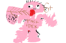 a drawing of a pink monster with the words pask upek written on its chest