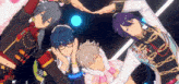 a group of anime characters are posing for a picture with their hands in the shape of a heart