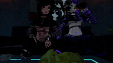 a couple of anime characters sitting on a couch and one of them has the word kill on her chest