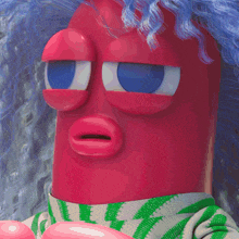 a red cartoon character with blue hair is wearing a green and white scarf