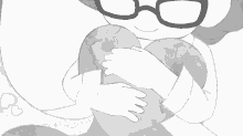 a black and white drawing of a person holding a heart shaped object .