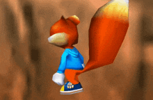 a cartoon squirrel in a blue shirt and blue shoes