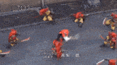 a man in a red helmet is fighting another man in a yellow helmet with a sword .