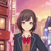 a girl in a school uniform is standing in front of a cafe sign