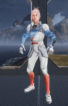 a woman with pink hair is wearing a blue and white outfit with the word rift on the front