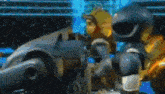 a couple of cartoon characters standing next to each other in a stadium .