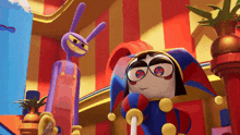 a purple rabbit and a jester are standing next to each other in a colorful room