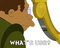 a cartoon of a man looking at a device that says what 's usb