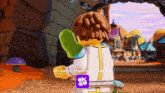 a lego character is holding a green object in a video game