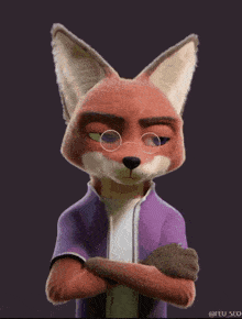 a cartoon fox wearing glasses and a purple shirt