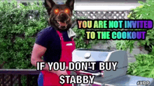 a man with a dog 's head is standing in front of a grill .