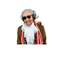 a man wearing a wig and sunglasses has his arms in the air