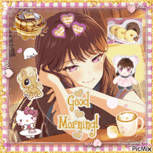 a picture of a girl with hearts on her head and the words good morning