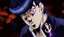 a close up of a cartoon character 's face with purple eyes and a purple anchor around his neck .