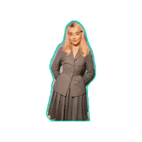 a woman with blonde hair is wearing a gray suit and a pleated skirt