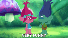 two trolls are standing next to each other and the words very funny are on the screen