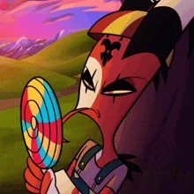 a cartoon character is holding a colorful lollipop and looking at himself