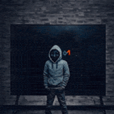 a man wearing a mask stands in front of a large tv